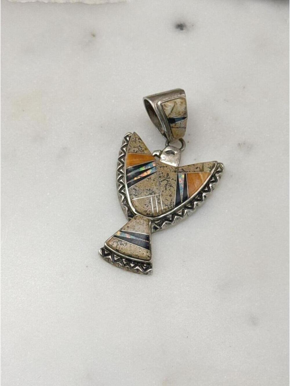 Calvin Begay Sterling Silver Multi Stone Inlay Bird Pendant